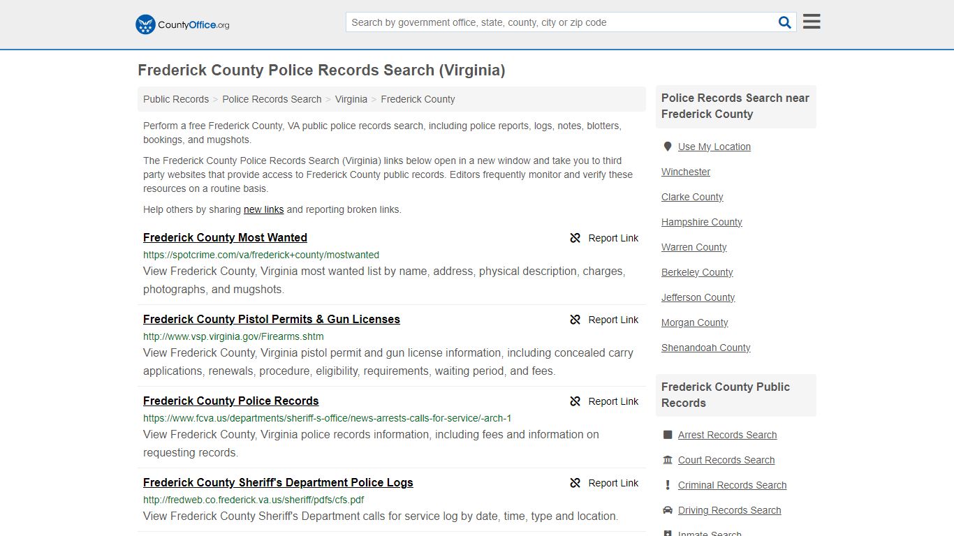 Frederick County Police Records Search (Virginia) - County Office